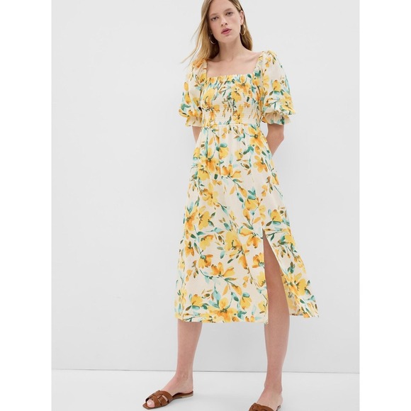 GAP Floral XL Midi Dress Yellow Puff Sleeve Smocked Side Slit Linen Blend (M574) - Picture 1 of 10